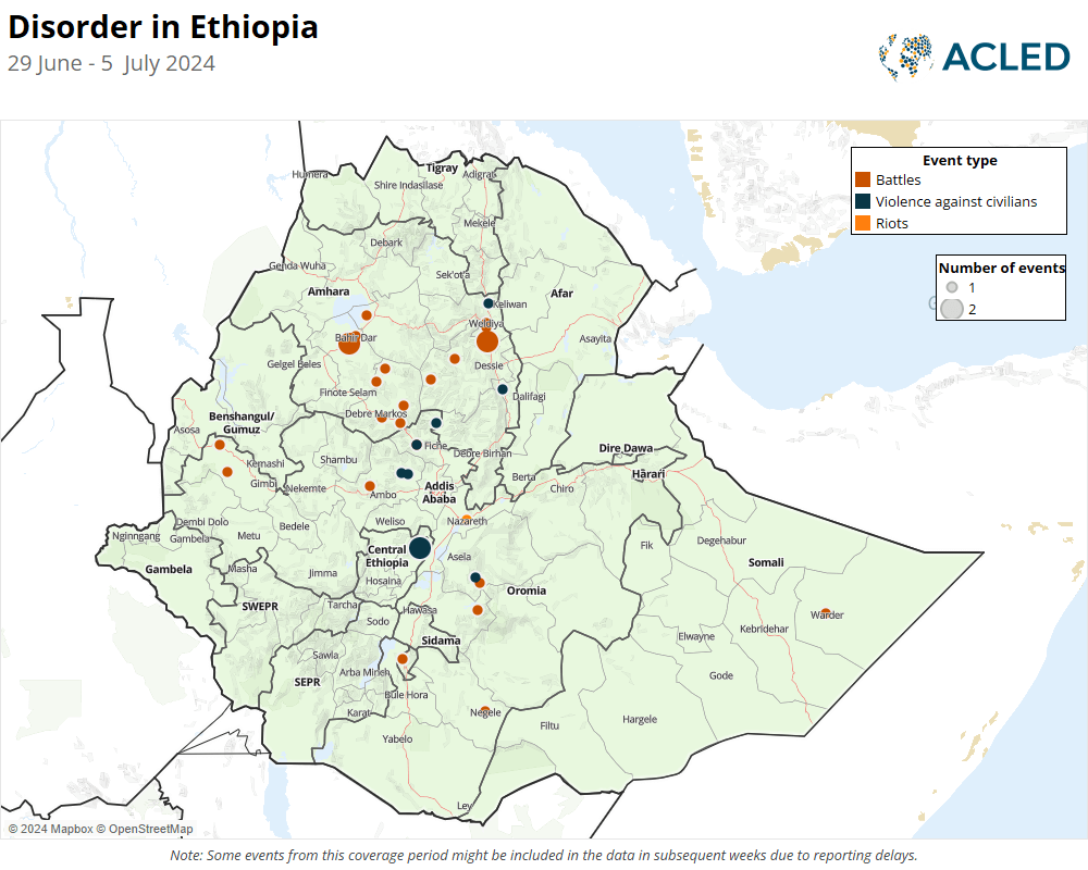 Map showing political violence events in Ethiopia, 29 June- 5 July 2024