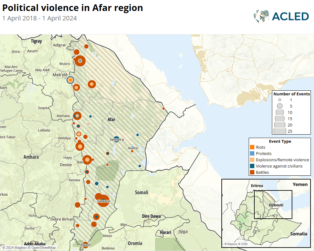 Map - Political violence in Afar region 1 April 2018 - 1 April 2024