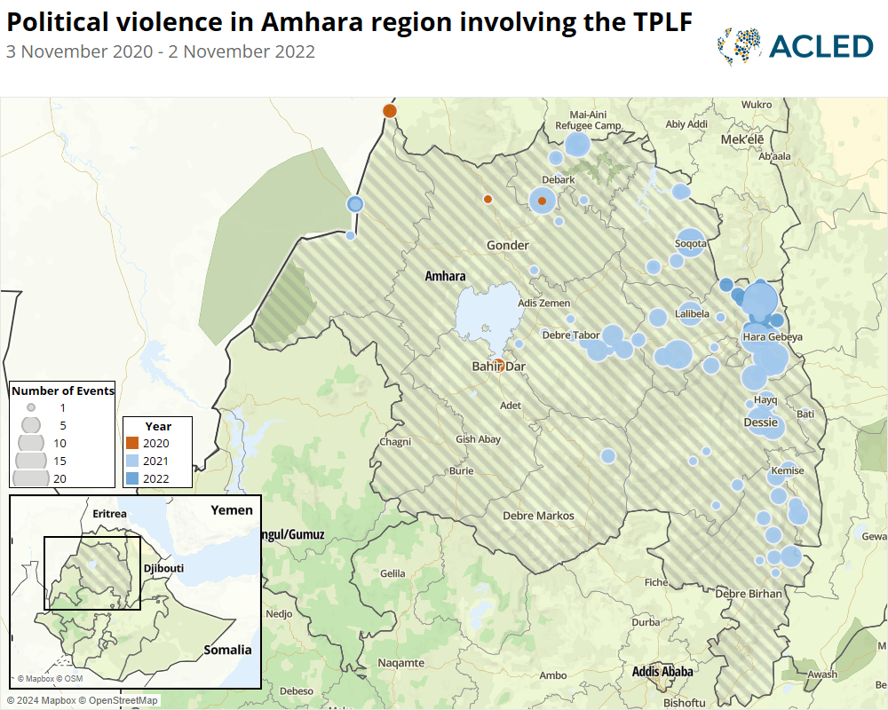 Map - Political violence in Amhara region involving the TPLF 3 November 2020 - 2 November 2022