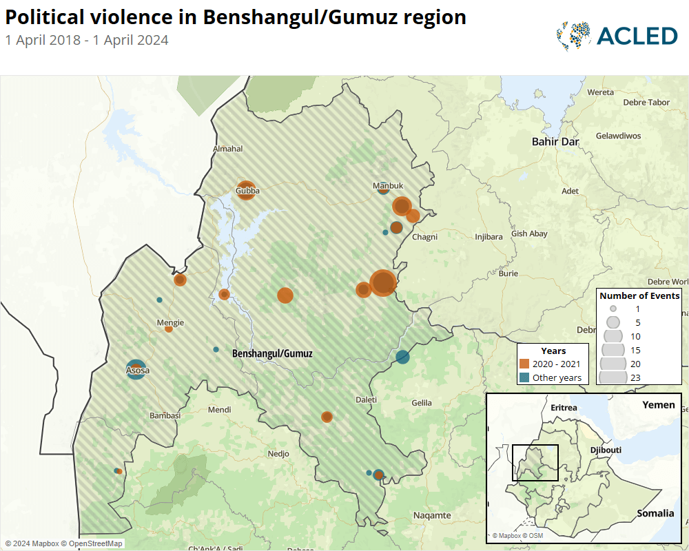 Map - Political violence in Benshangul/Gumuz region 1 April 2018 - 1 April 2024