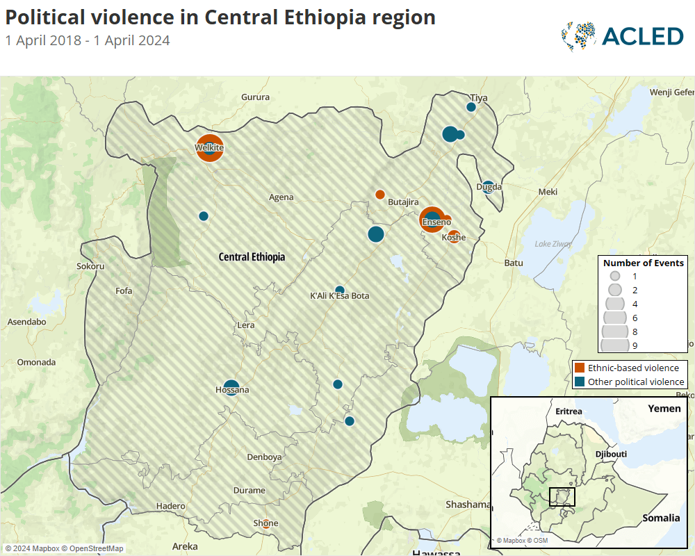 Map - Political violence in Central Ethiopia region 1 April 2018 - 1 April 2024