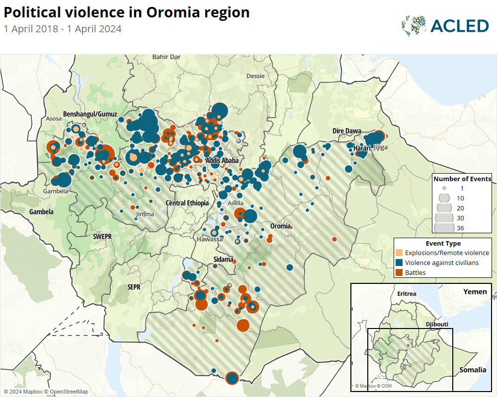 Map - Political violence in Oromia region 1 April 2018 - 1 April 2024