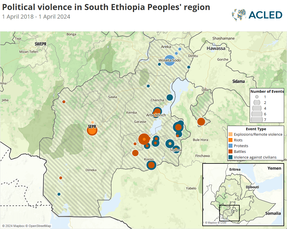 Map - SEPR - Political violence in South Ethiopia Peoples' region 1 April 2018 - 1 April 2024