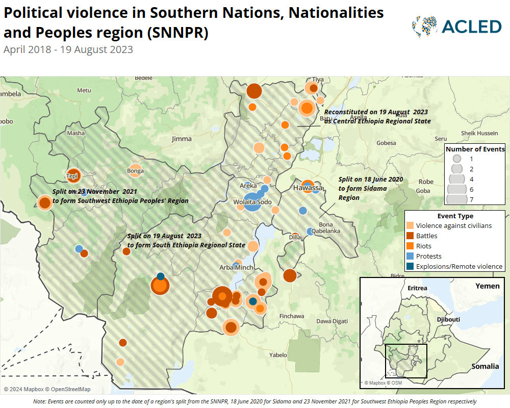 Map - Political violence in Southern Nations, Nationalities and Peoples region (SNNPR) April 2018 - 19 August 2023