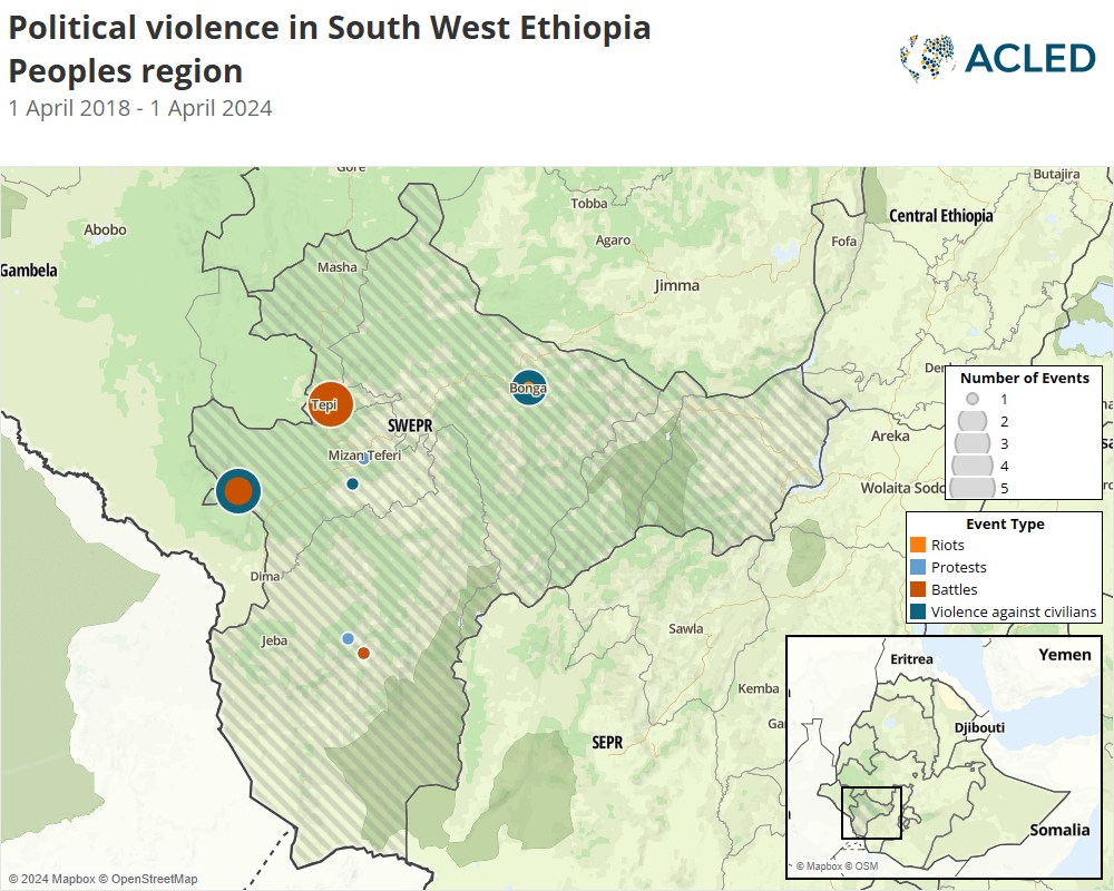 Map - Political violence in South West Ethiopia Peoples region 1 April 2018 - 1 April 2024