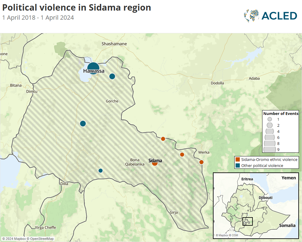 Map - Political violence in Sidama region 1 April 2018 - 1 April 2024