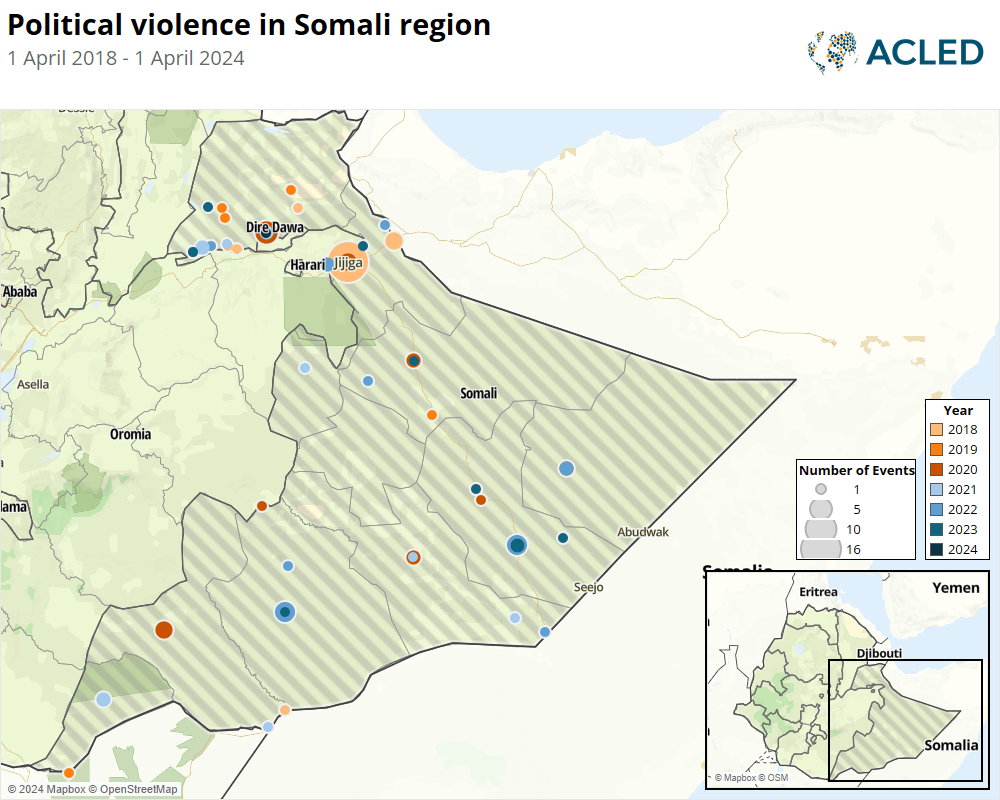 Map - Political violence in Somali region 1 April 2018 - 1 April 2024