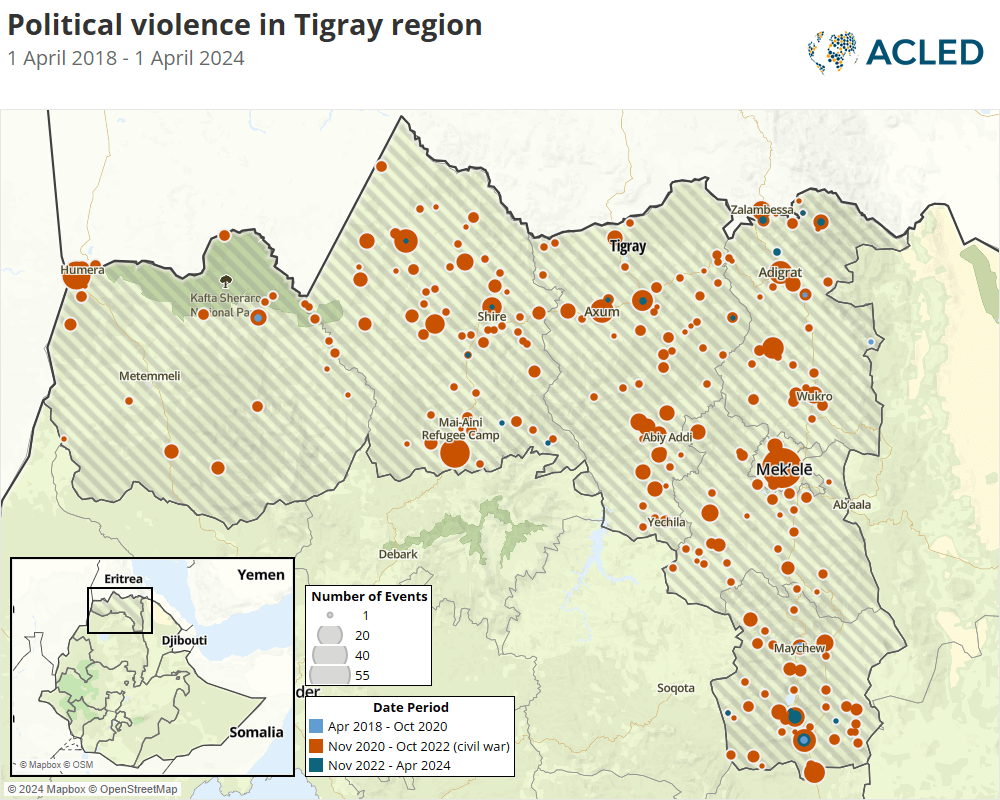 Map - Political violence in Tigray region 1 April 2018 - 1 April 2024