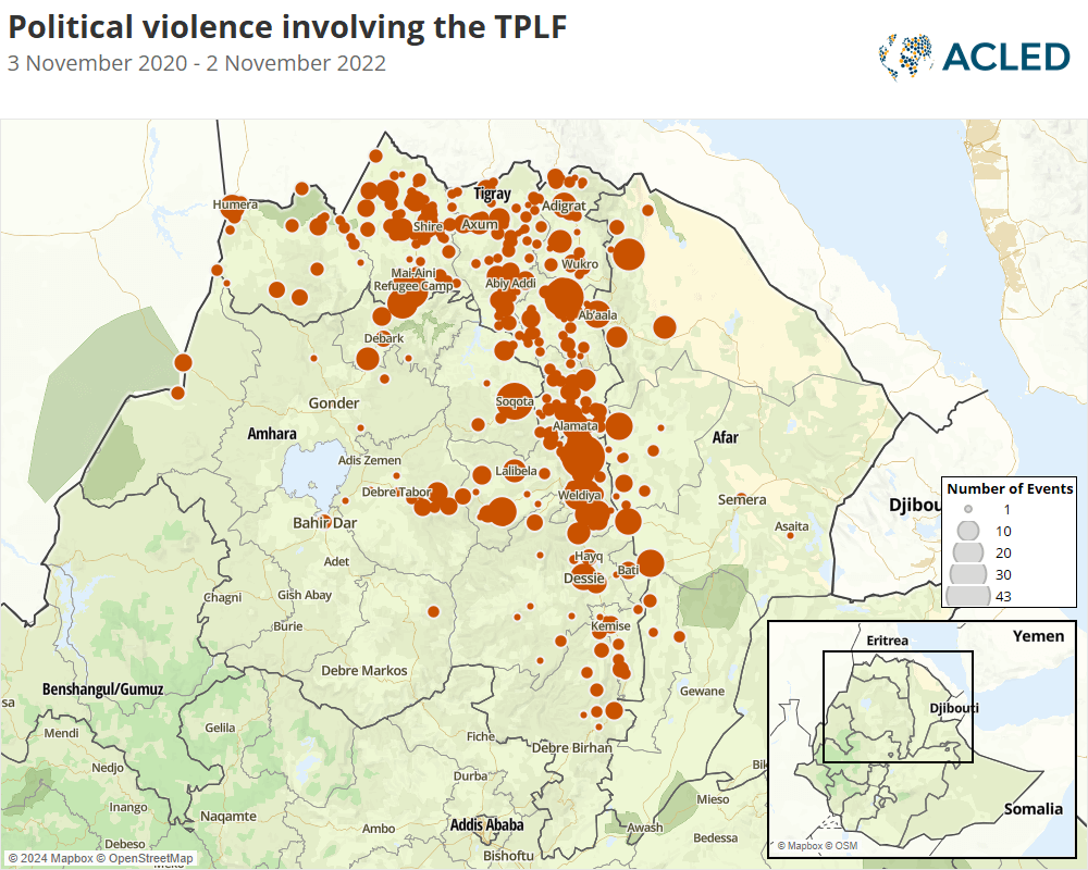 Map - Political violence involving the TPLF 3 November 2020 - 2 November 2022