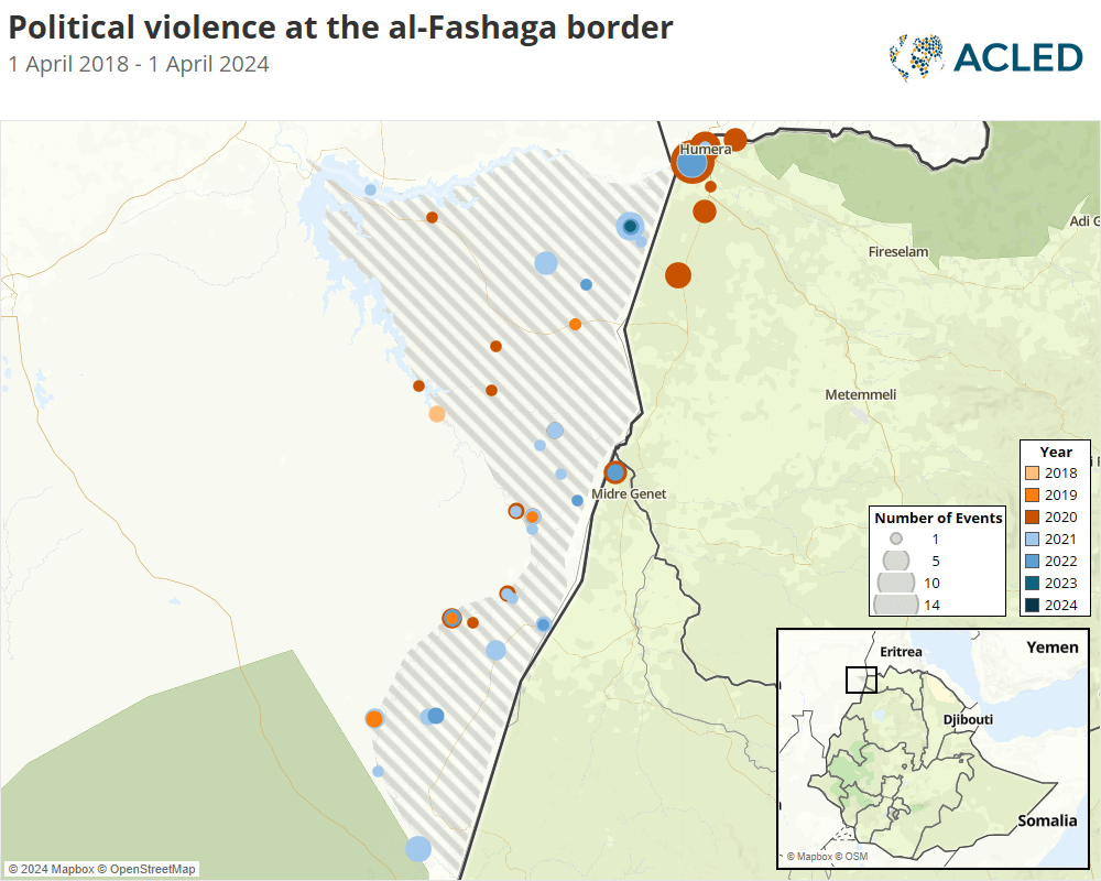 Map - Political violence at the al-Fashaga border 1 April 2018 - 1 April 2024