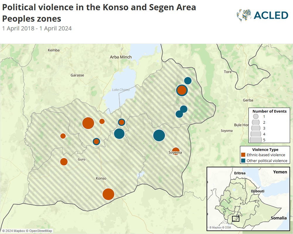 Map - Political violence in the Konso and Segen Area Peoples zones 1 April 2018 - 1 April 2024