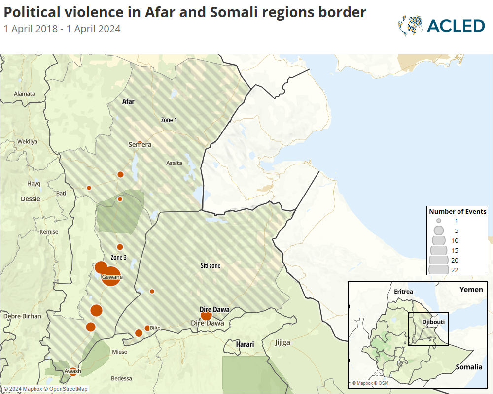 Map - Political violence in Afar and Somali regions border - 1 April 2018 - 1 April 2024