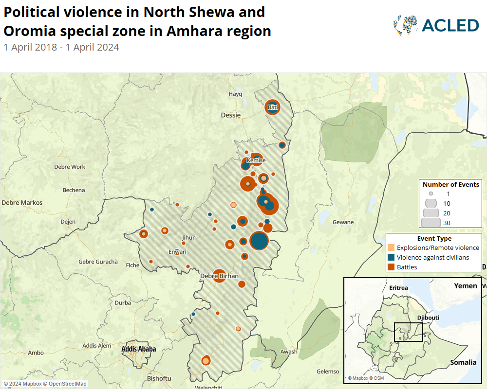 Map - Political violence in North Shewa and Oromia special zone in Amhara region - 1 April 2018 - 1 April 2024