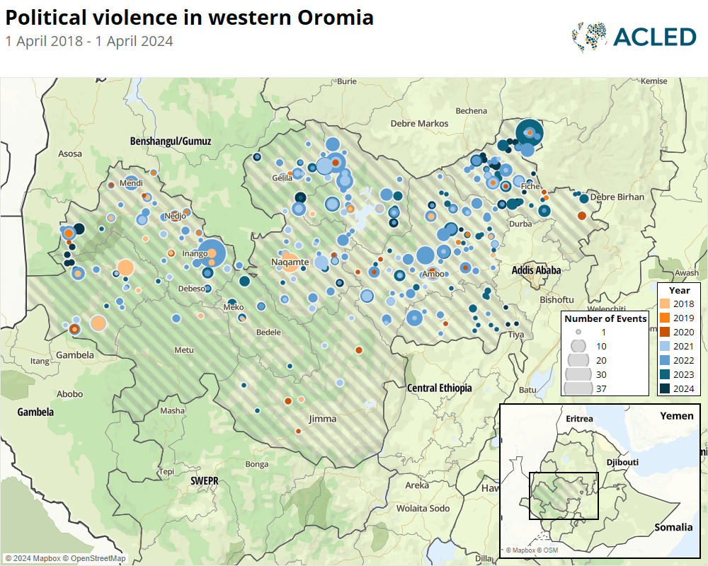 Map - Political violence in western Oromia 1 April 2018 - 1 April 2024