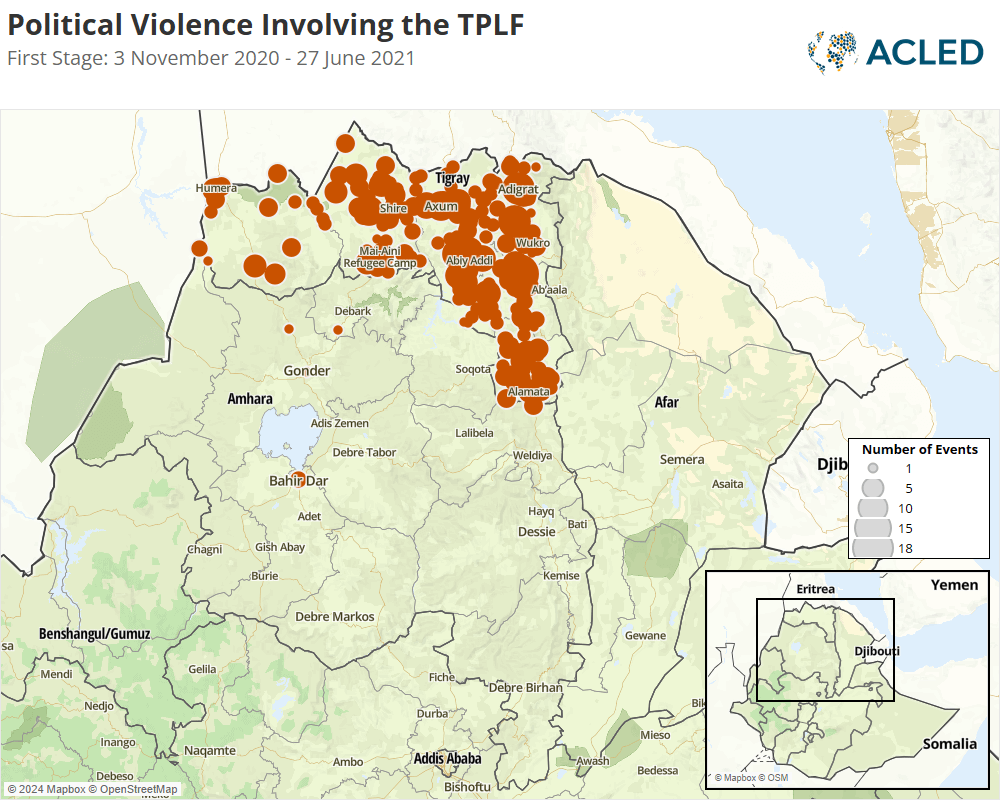 Map - Political Violence Involving the TPLF First Stage: 3 November 2020 - 27 June 2021