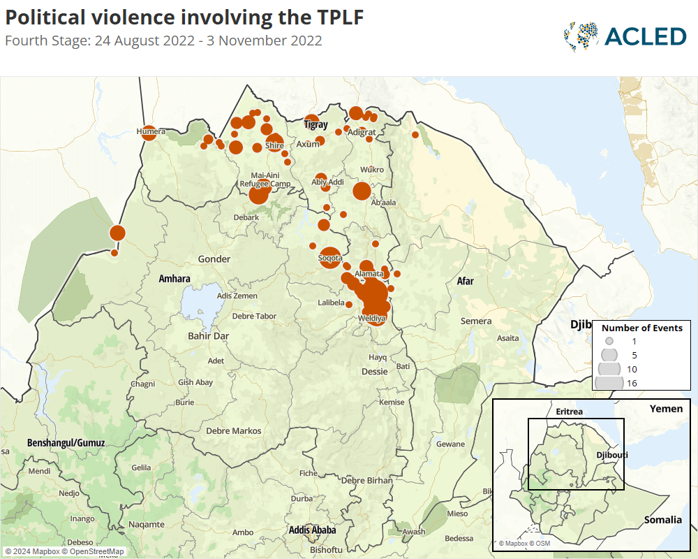 Map - Political violence involving the TPLF Fourth Stage: 24 August 2022 - 3 November 2022