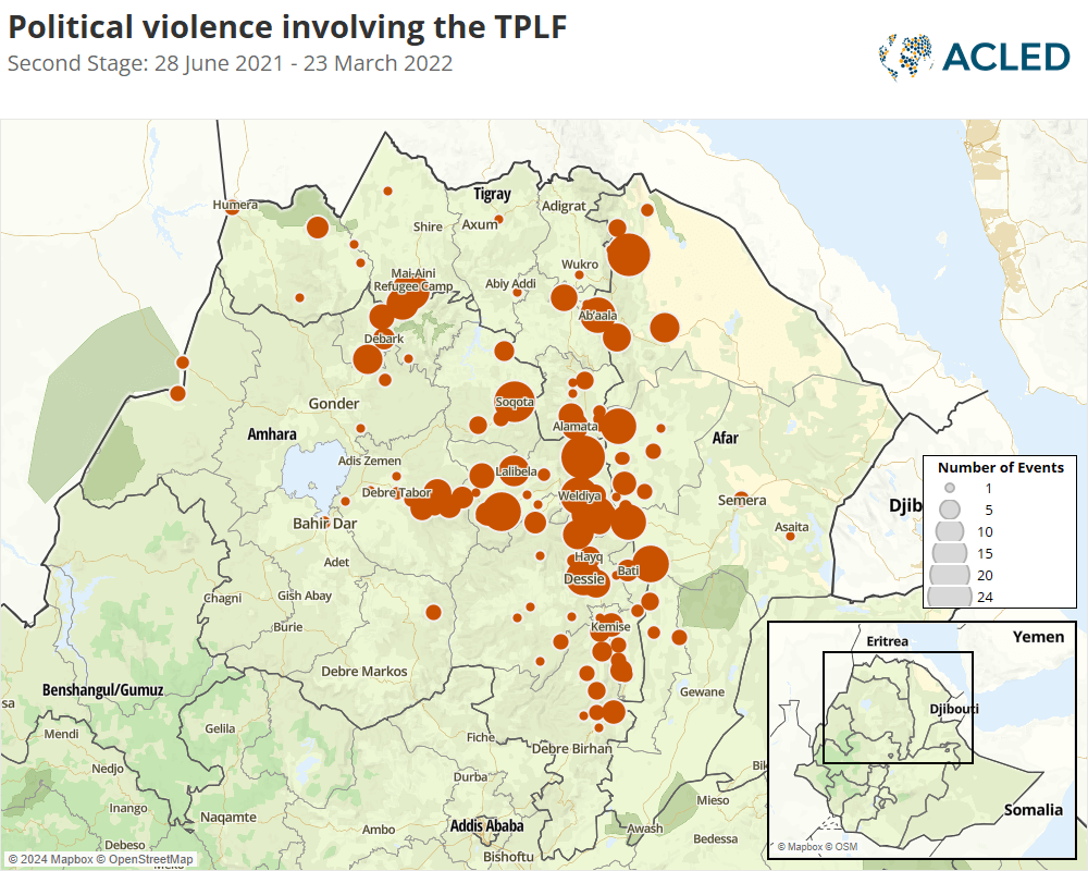 Map - Political violence involving the TPLF Second Stage: 28 June 2021 - 23 March 2022