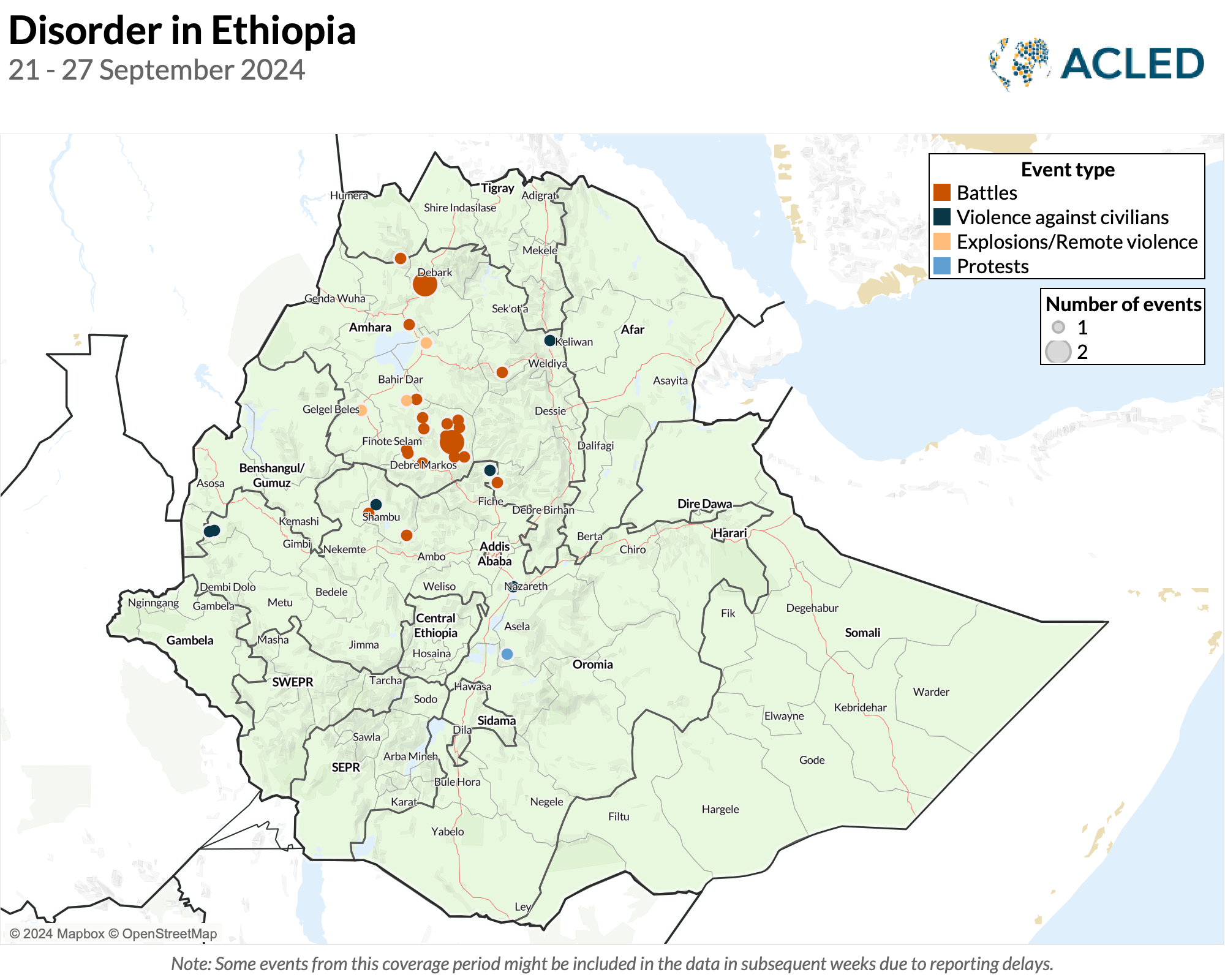 Map - Disorder in Ethiopia 21 - 27 September 2024